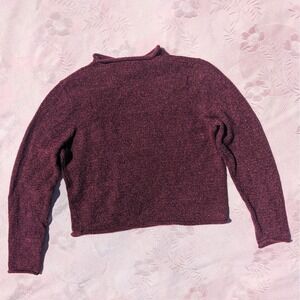 Vintage 90s Cropped Roll Neck Sweater PM Burgundy Mohair Blend Marled Knit